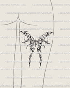 Flaming wings cross tattoo displayed on thigh placement, gothic fairycore cybersigilism back design adapted for leg layout. 