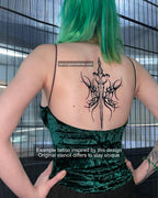 Tattooed back with flaming neotribal wings sword design, cybersigilism fusion, real example of tribal wing blade tattoo stencil on skin.