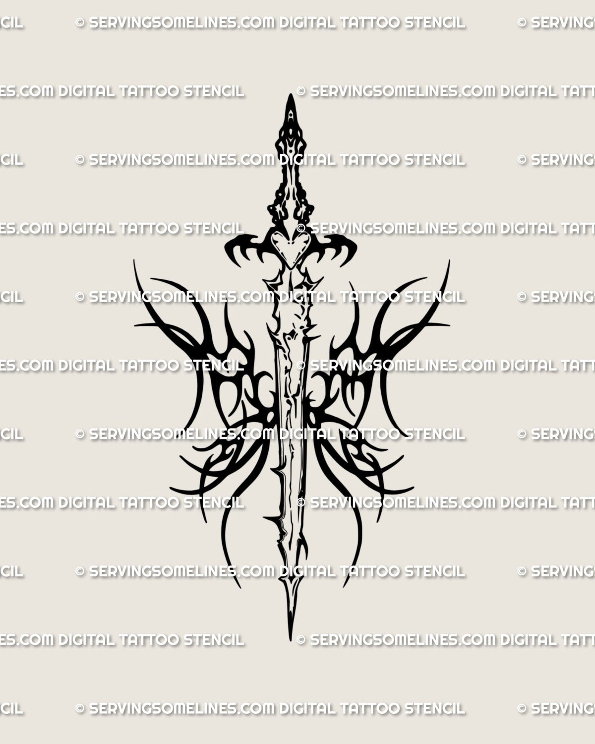 Flaming tribal sword tattoo stencil with butterfly fire wings and heart core, neotribal blackwork design, cybersigilism vibe.