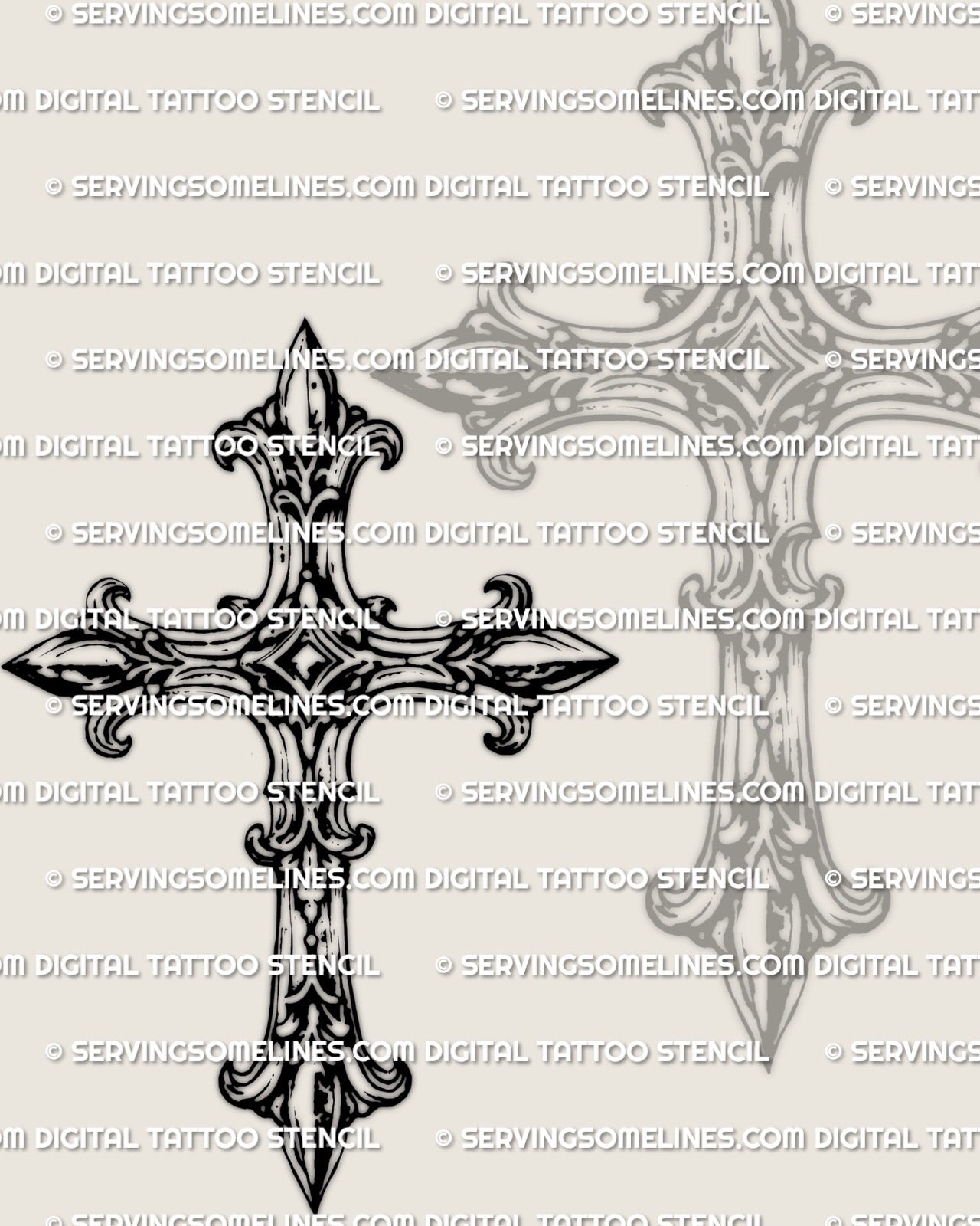 Ornate fleur cross tattoo design with baroque-style curls and fine linework built for clean stencil transfer