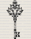 Fleur de lis key tattoo stencil with fine line crest, antique scroll details, and clean vertical key silhouette on light background.