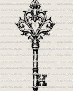 Fleur de lis key tattoo stencil with fine line crest, antique scroll details, and clean vertical key silhouette on light background.