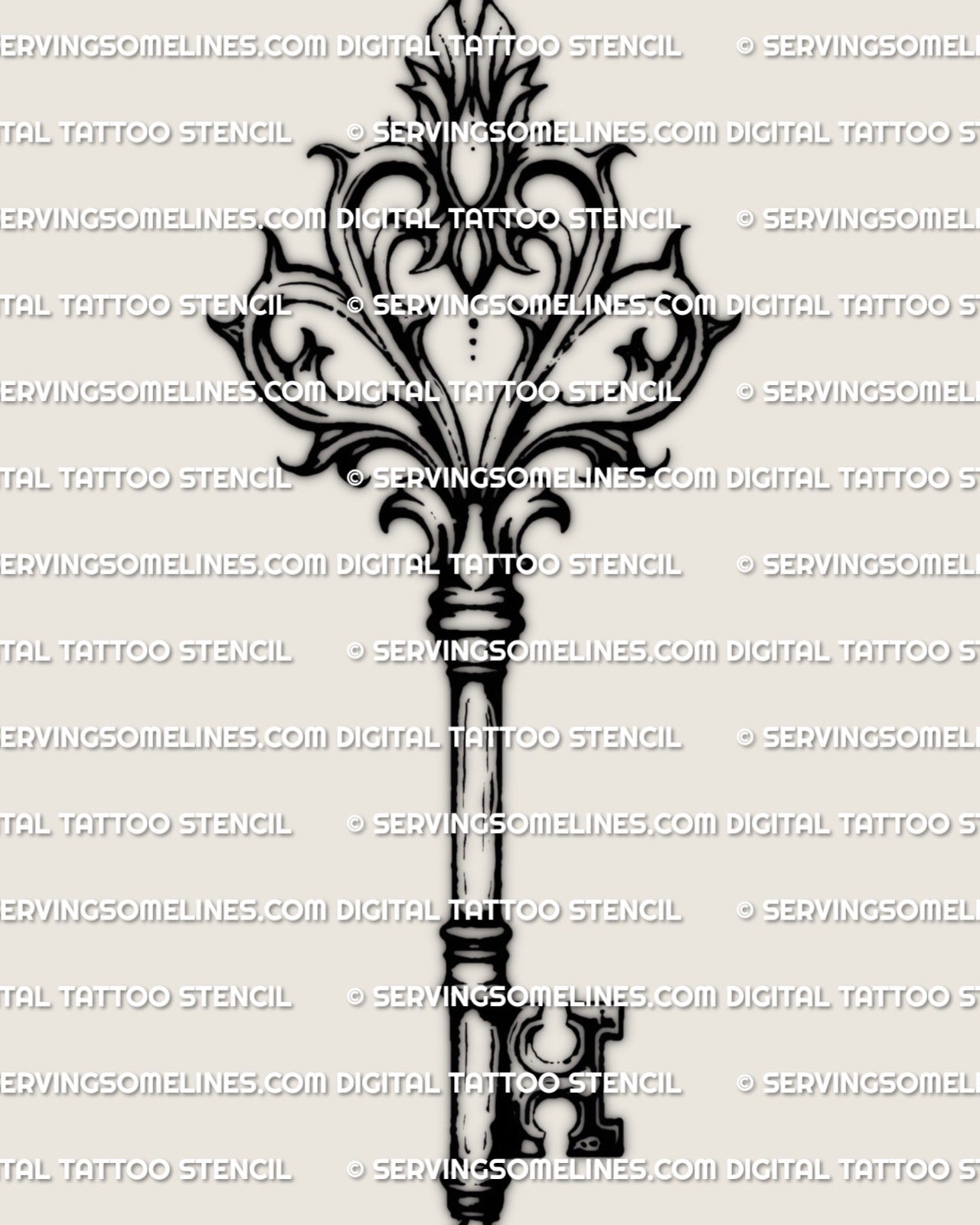 Fleur de lis key tattoo stencil with fine line crest, antique scroll details, and clean vertical key silhouette on light background.