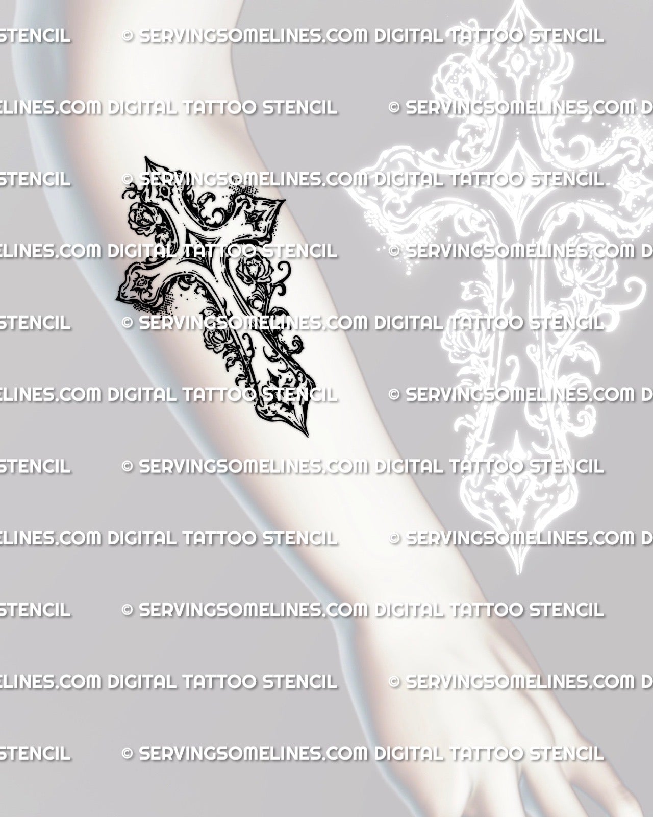 Floral cross tattoo shown on forearm placement with a clear vertical cross and soft ornamental detail