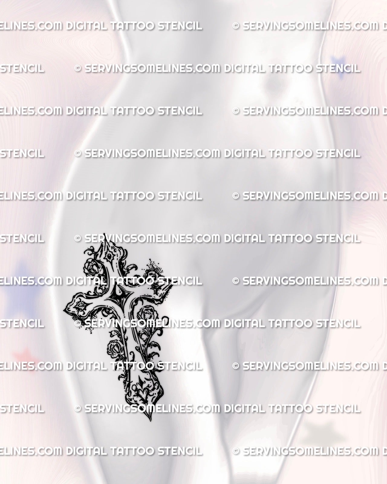 Floral cross tattoo stencil displayed on women’s hip placement, gothic ornamental linework sized for clean transfer and skin flow.