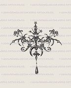 Floral cybersigil pendant tattoo stencil with crescent moon, stars and a small drop shown as fine line lineart for printing or scaling without placement