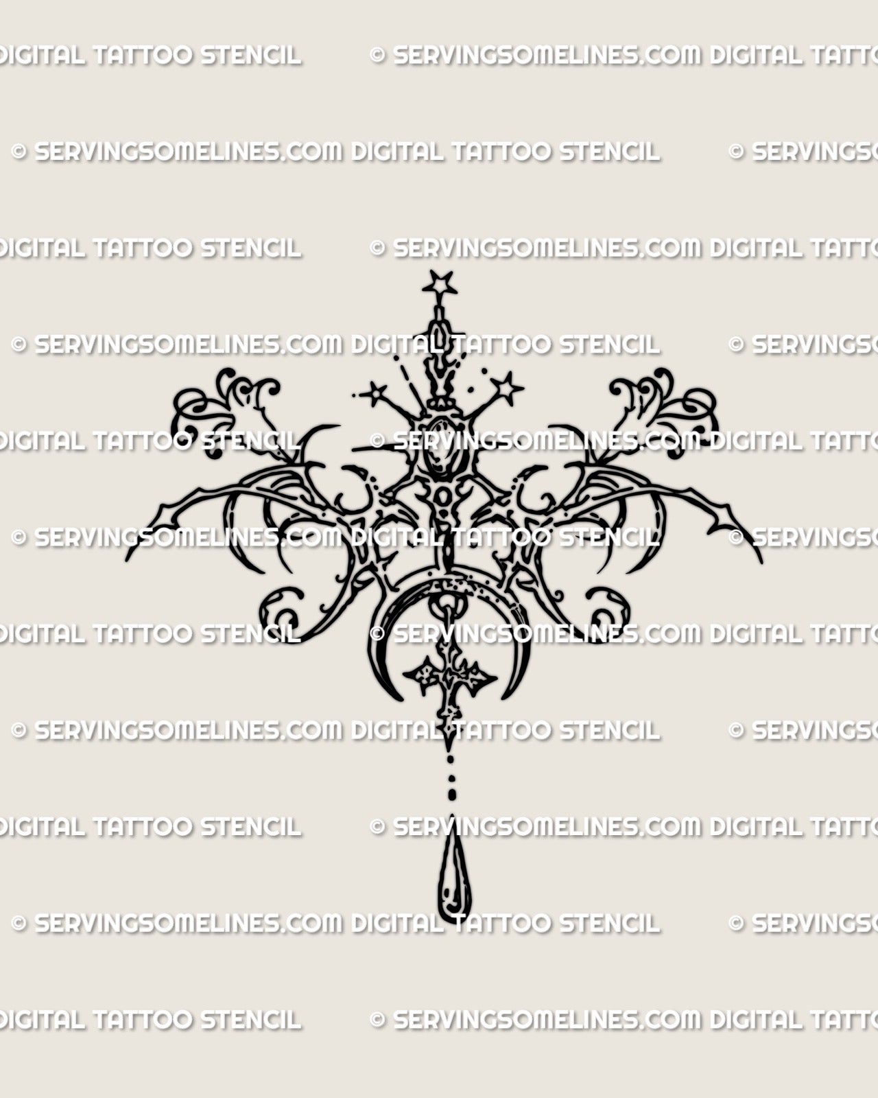 Floral cybersigil pendant tattoo stencil with crescent moon, stars and a small drop shown as fine line lineart for printing or scaling without placement