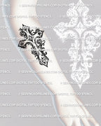 Floral gothic cross tattoo stencil shown on forearm placement, ornamental rose linework design prepared as a printable digital stencil.
