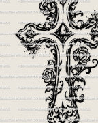 Floral gothic cross tattoo stencil with ornamental rose linework, hand-drawn digital design created for clean stencil transfer and printing.