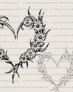 Floral heart stencil artwork with daisy style flowers, open center heart shape, crisp outline for tattoo transfer and printing.