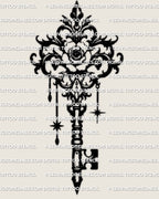 Floral key tattoo stencil, flower center with hanging charm accents, dark ornamental linework, printable PNG, JPEG, PDF.