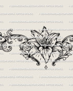 Floral lily tattoo stencil design with large flower bloom, soft side scrollwork, and lower back placement intent