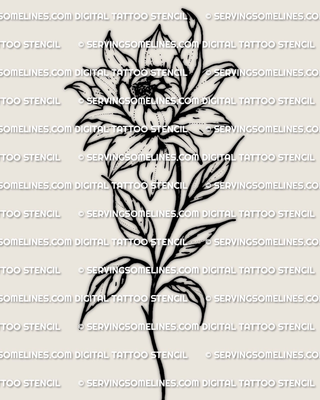 Floral peony stencil design, bold layered petals and stem, peony flower stencil for printable tattoo transfer.