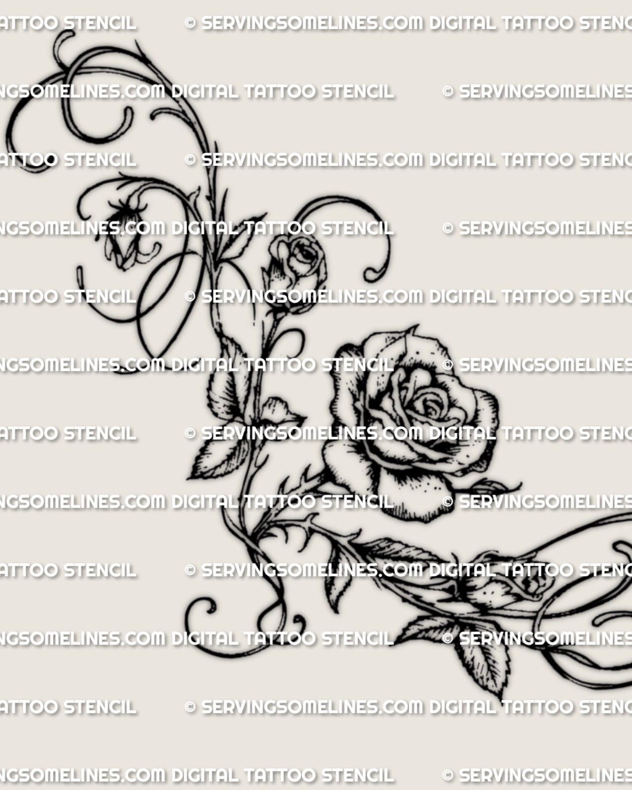 Main design view of a rose vine waist tattoo stencil, showing the main bloom, buds, and flowing vine linework.