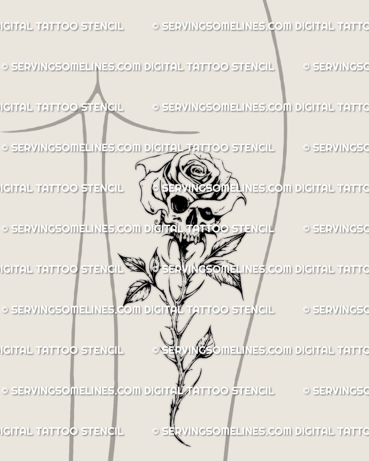 Fine line floral skull tattoo stencil shown on a woman’s back thigh placement, feminine gothic design presented as a tattoo stencil download