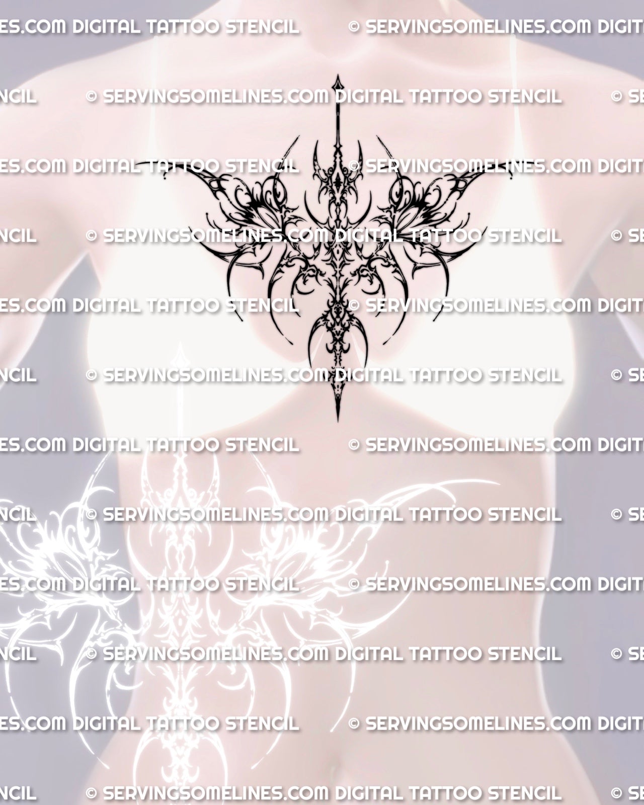 Floral sternum tattoo shown on women’s chest placement with a mirrored floral layout and a strong central vertical structure