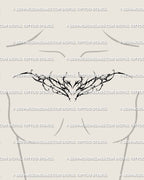 Feminine floral cybersigilism tattoo displayed on chest center, gothic vine heart design with elegant symmetrical neotribal lines.