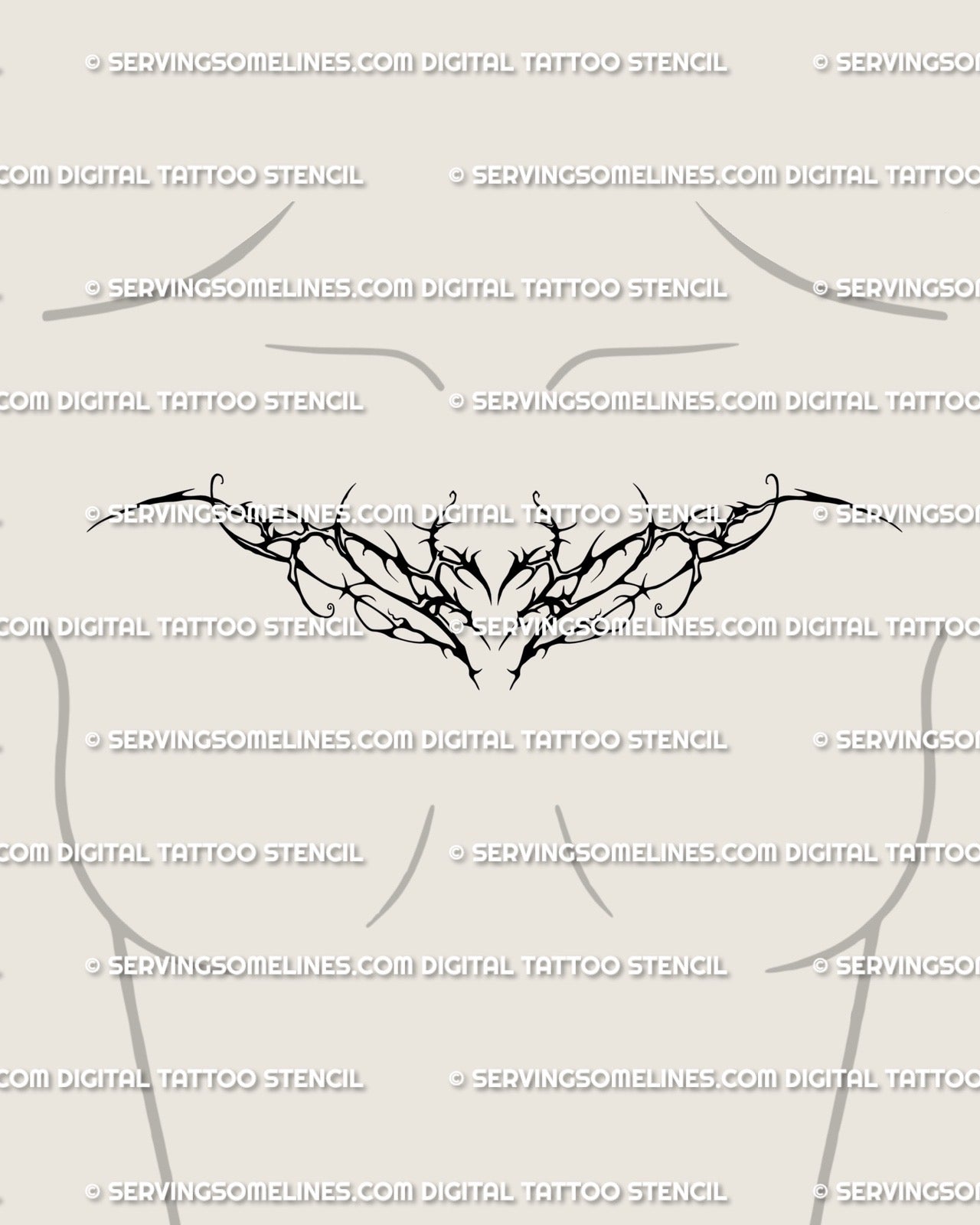 Feminine floral cybersigilism tattoo displayed on chest center, gothic vine heart design with elegant symmetrical neotribal lines.