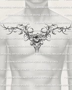 Flower chest tattoo stencil displayed on men’s chest placement with ornamental side flow and center floral bloom