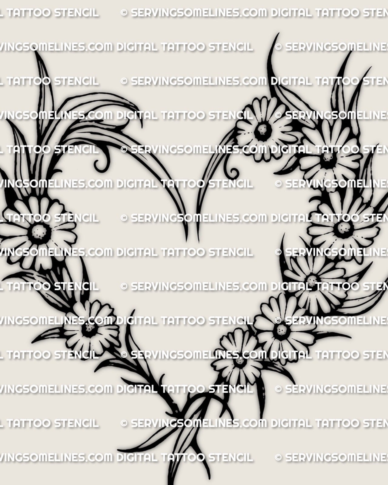 Flower heart tattoo stencil design with daisy and chamomile blooms, clean heart frame linework, printable PNG PDF.