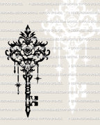 Flower key tattoo design, ornamental frame with dangling charm details, dark gothic vibe, instant download tattoo stencil files.