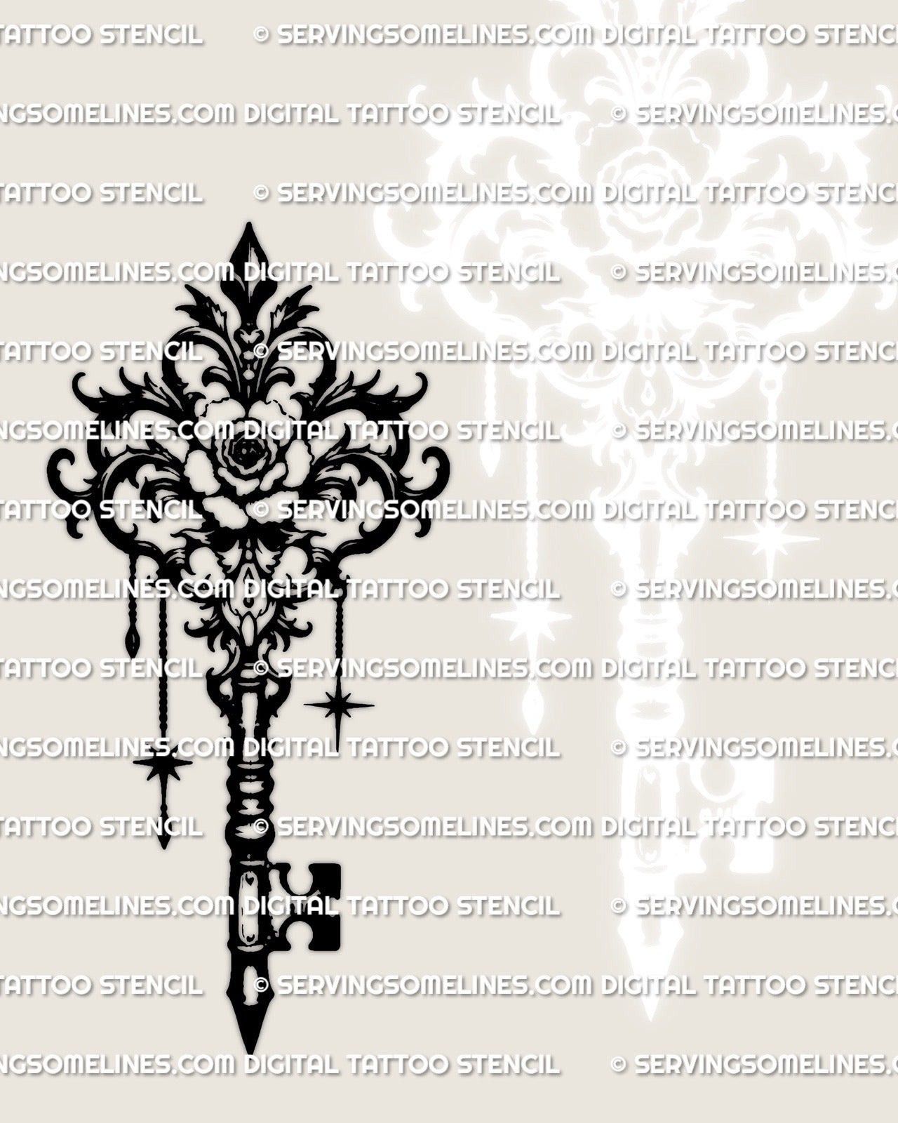 Flower key tattoo design, ornamental frame with dangling charm details, dark gothic vibe, instant download tattoo stencil files.