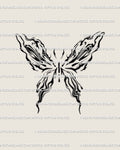 Fluid butterfly tattoo design in abstract liquid marble linework, minimalist cybersigilism pattern showing clean flowing symmetry on skin. 