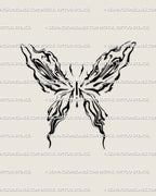 Fluid butterfly tattoo design in abstract liquid marble linework, minimalist cybersigilism pattern showing clean flowing symmetry on skin. 