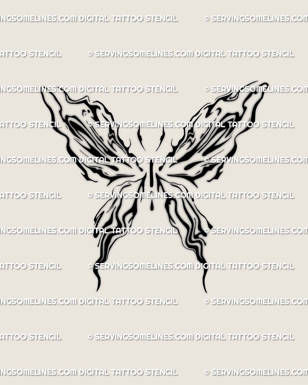 Fluid butterfly tattoo design in abstract liquid marble linework, minimalist cybersigilism pattern showing clean flowing symmetry on skin. 