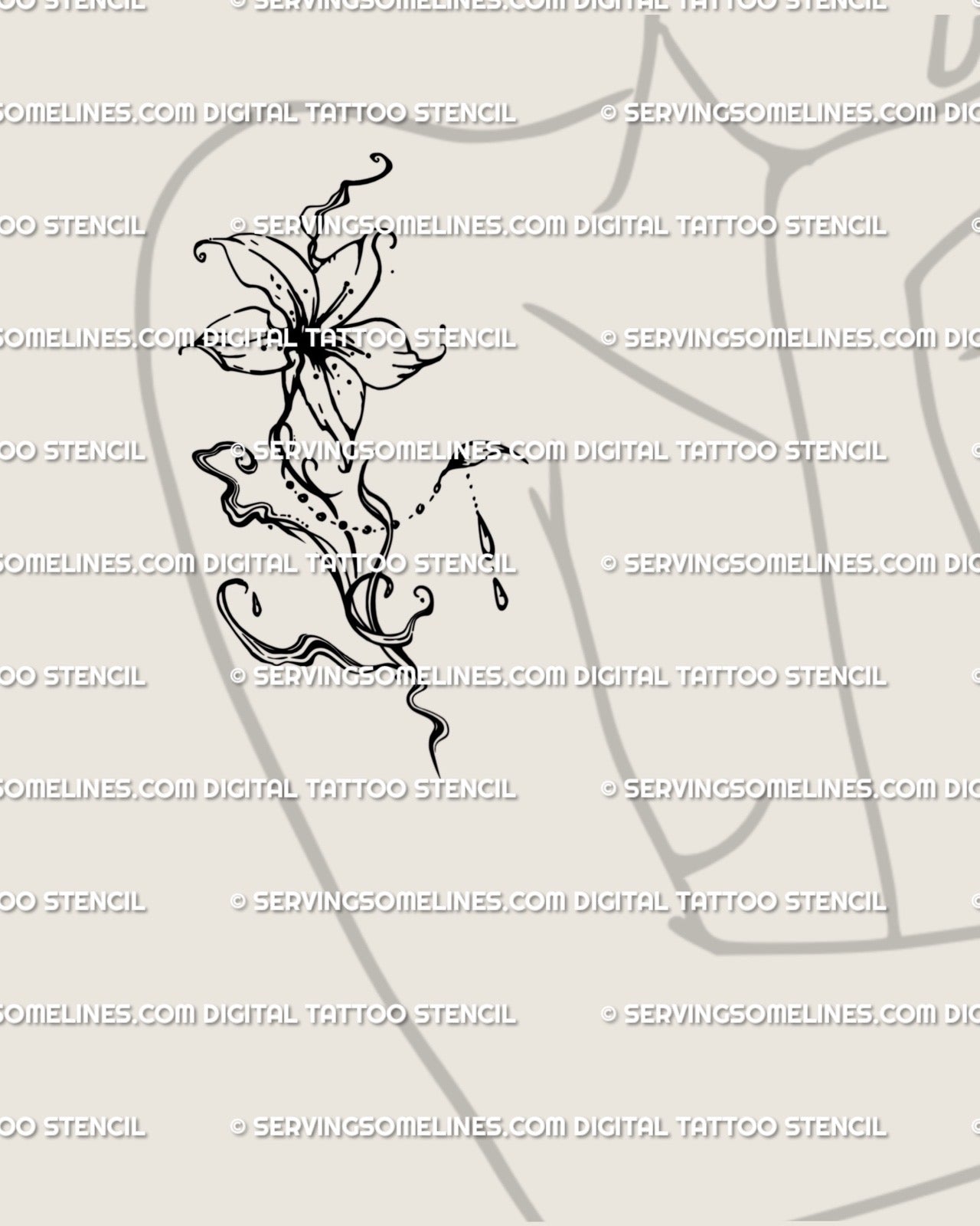 Fluid flower tattoo stencil displayed on woman’s upper arm and shoulder area, showing flowing lily lines in soft liquid blackwork. 