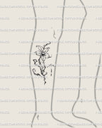 Lower leg mockup showing fluid flower tattoo stencil flowing vertically, delicate abstract lily lines in clean stencil preview. 