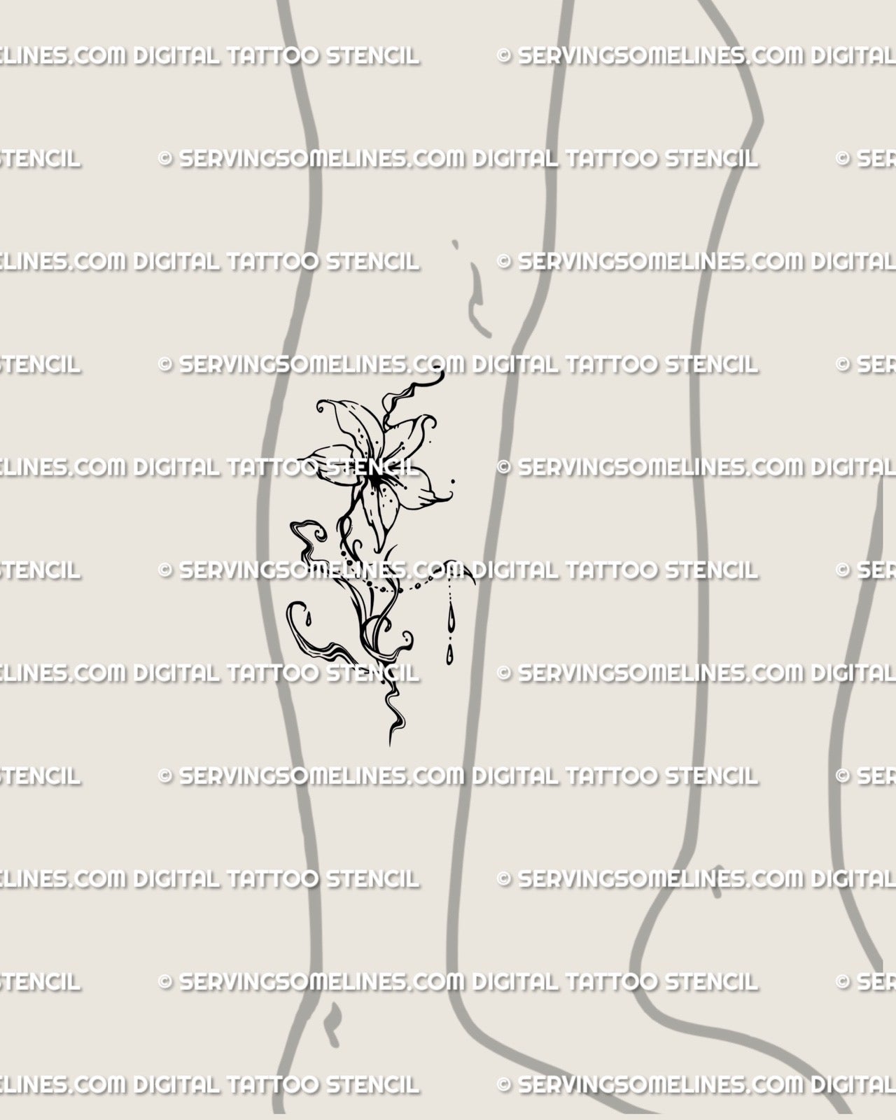Lower leg mockup showing fluid flower tattoo stencil flowing vertically, delicate abstract lily lines in clean stencil preview. 