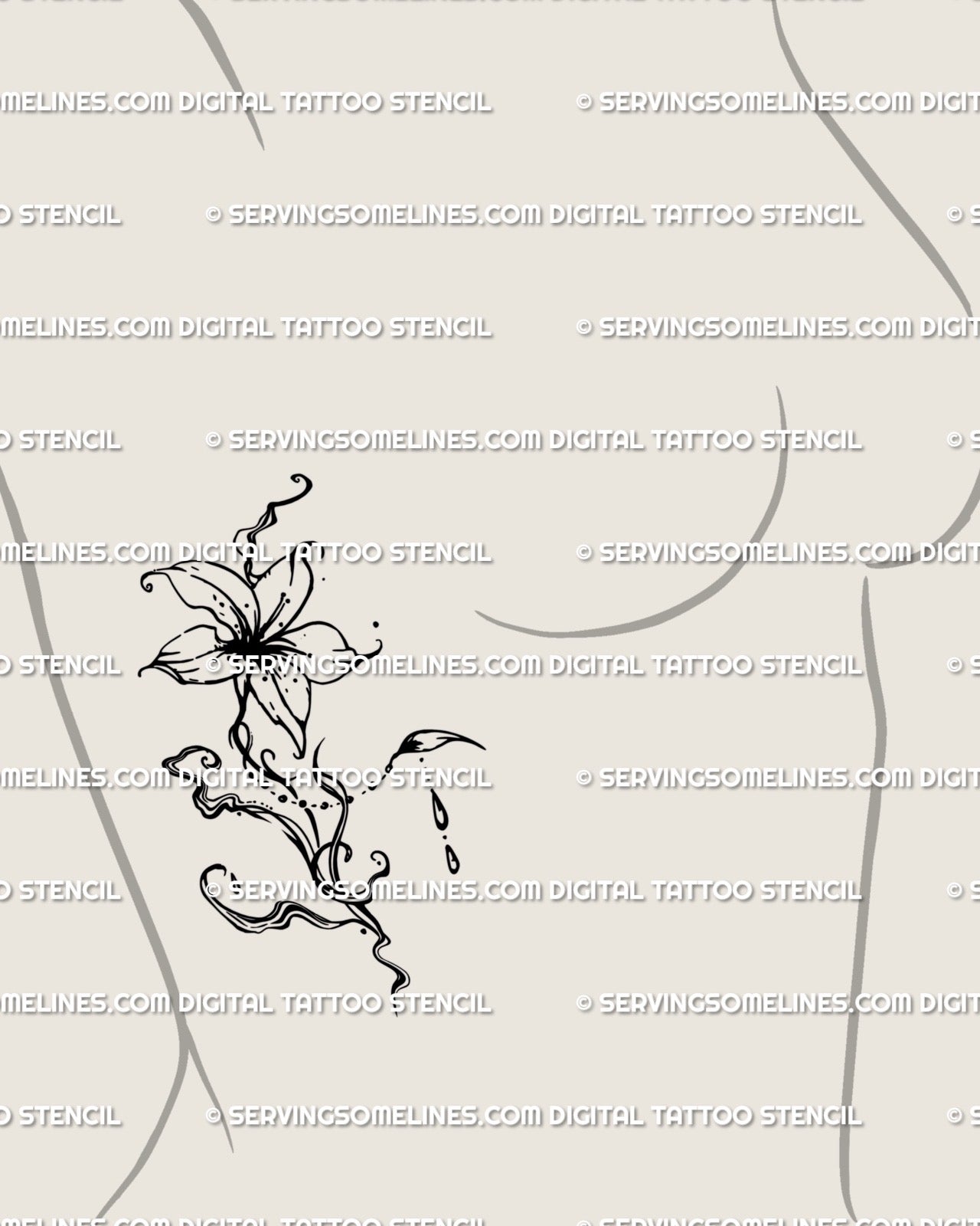 Feminine side-breast placement example of abstract fluid flower tattoo stencil, digital download preview with delicate line art. 