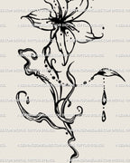 Digital tattoo stencil preview showing fluid flower design in abstract liquid line art style, clean black lines ready for print.