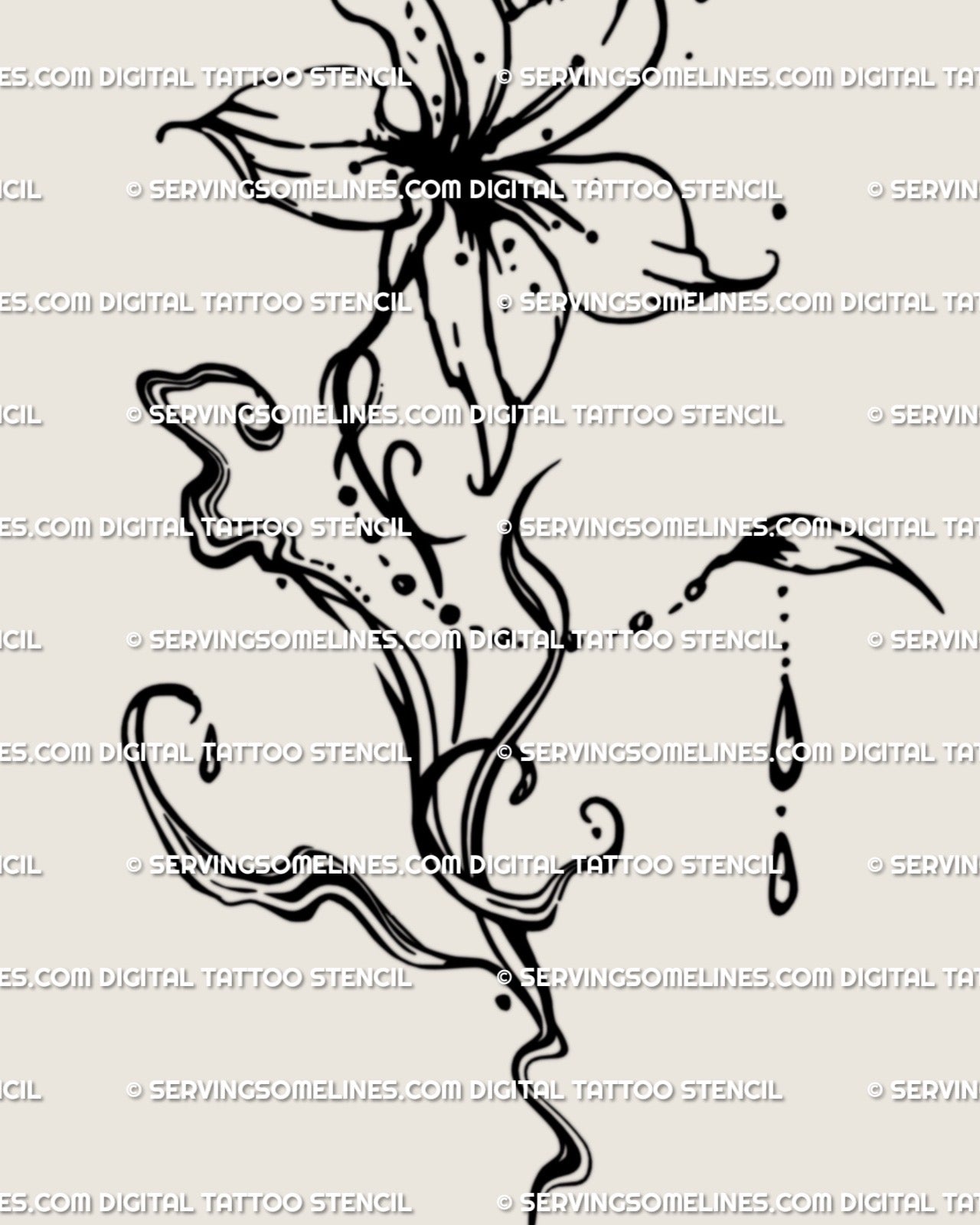 Digital tattoo stencil preview showing fluid flower design in abstract liquid line art style, clean black lines ready for print.