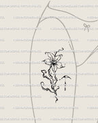 Digital tattoo stencil preview on woman’s hip and thigh, showing fluid marble-style flower design with organic flowing lines.