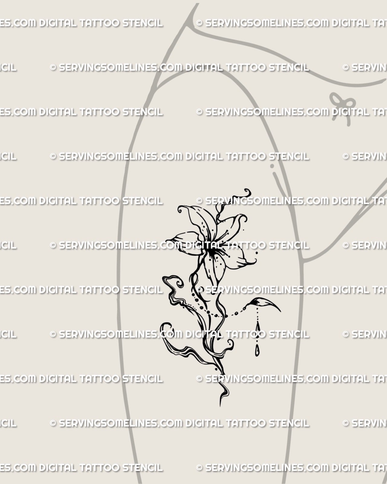 Digital tattoo stencil preview on woman’s hip and thigh, showing fluid marble-style flower design with organic flowing lines.