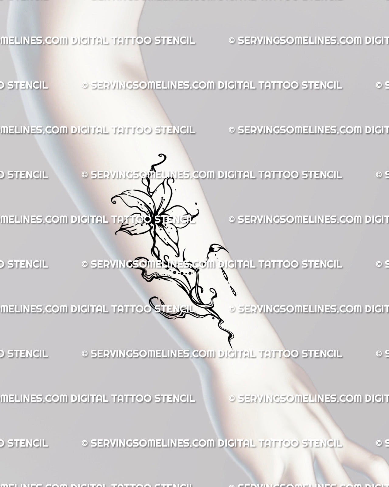 Abstract lily-inspired fluid flower tattoo stencil displayed on forearm placement, black line art flowing naturally along skin. 