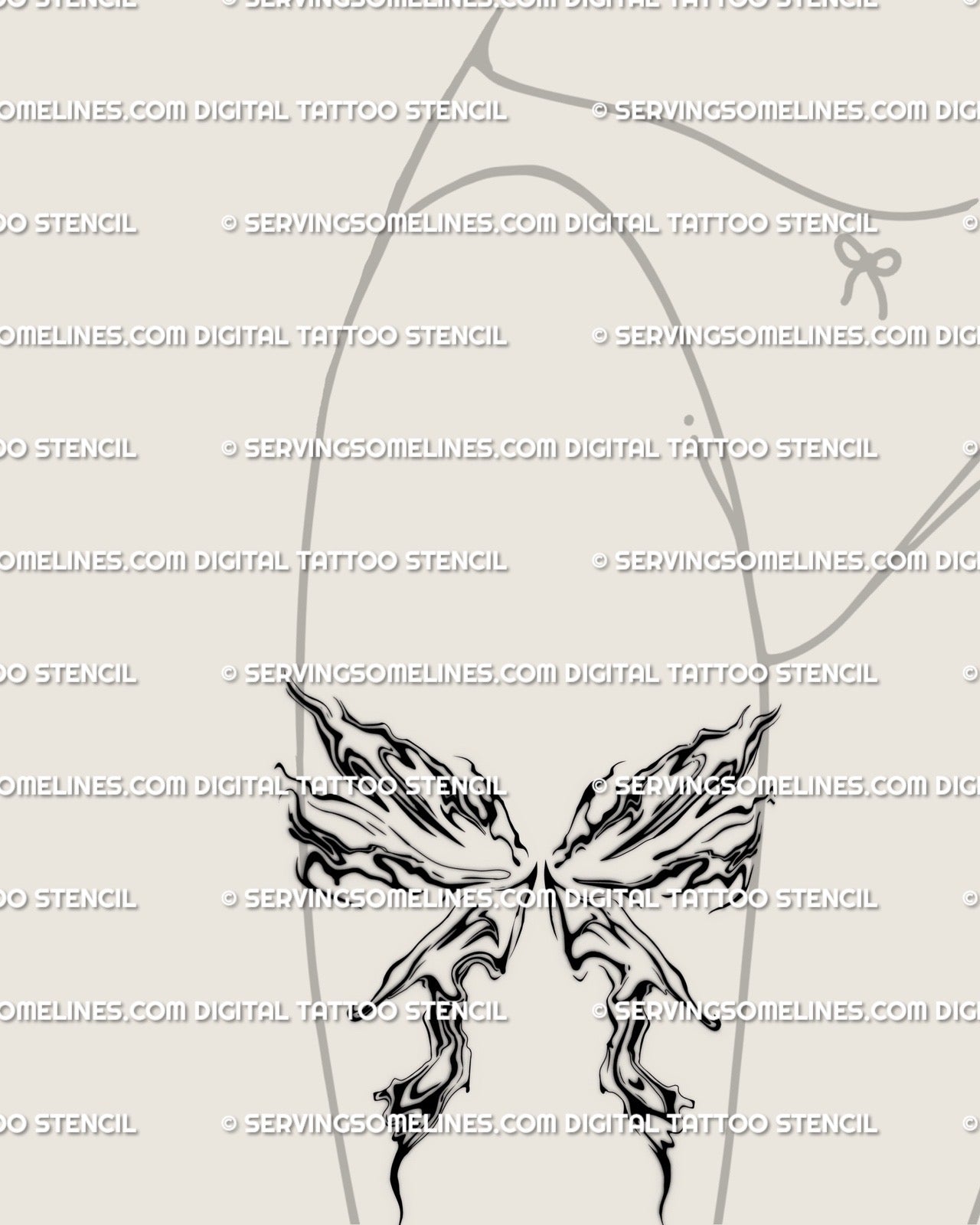 feminine fluid tattoo design with abstract marble wings displayed on front thigh, wavy ornamental linework pattern digital download