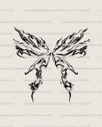 abstract fluid moth tattoo stencil with liquid marble wings and flame-like shapes, symmetrical flowing linework digital design 