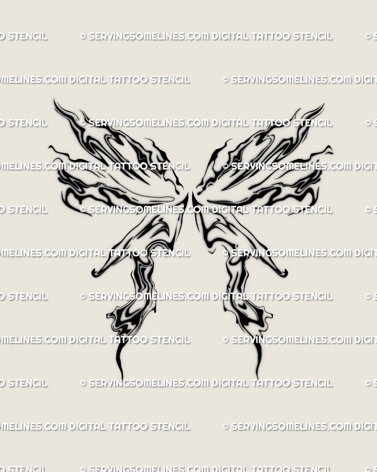 abstract fluid moth tattoo stencil with liquid marble wings and flame-like shapes, symmetrical flowing linework digital design 
