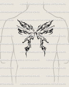 fluid moth wings tattoo on man’s upper back with abstract flame shapes and marble texture, detailed ornamental linework