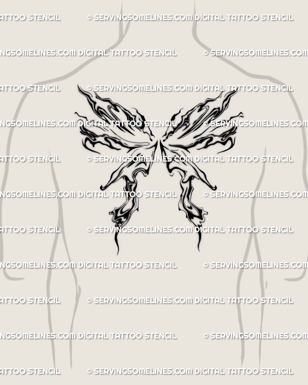 fluid moth wings tattoo on man’s upper back with abstract flame shapes and marble texture, detailed ornamental linework