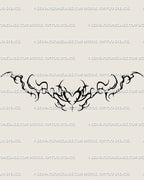 Whimsical ornamental cyber tattoo stencil, heart-shaped fluid linework with delicate curls and soft symmetry for digital use. 