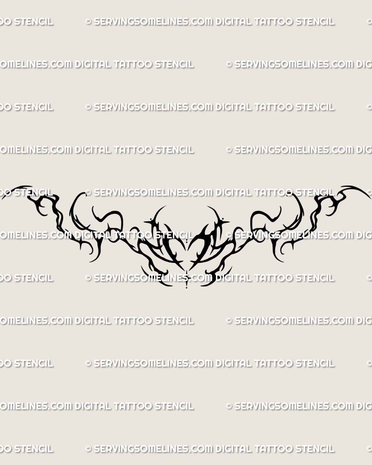Whimsical ornamental cyber tattoo stencil, heart-shaped fluid linework with delicate curls and soft symmetry for digital use. 