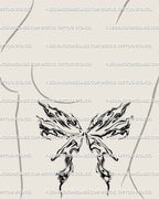fluid marble wings tattoo idea for girl’s side ribs, detailed abstract moth design with wavy flowing linework 