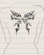 fluid wings tattoo design shown on woman’s upper back placement with marble texture and flame-inspired linework 