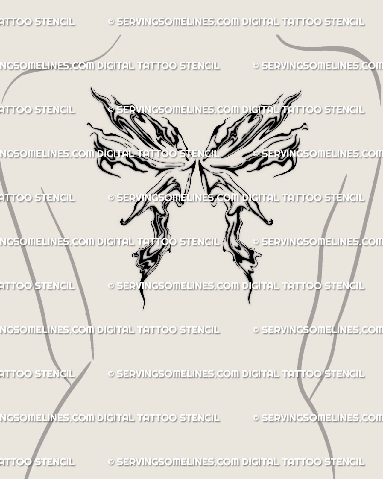 fluid wings tattoo design shown on woman’s upper back placement with marble texture and flame-inspired linework 