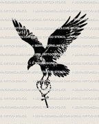 Flying crow cross stencil file, dynamic wings-open crow holding a cross below, bold silhouette artwork for printable tattoo stencil use.