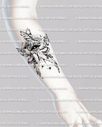 Forearm angelcore tattoo placement showing all seeing eye and six wings, biblically accurate angel tattoo stencil in fine line faith design.